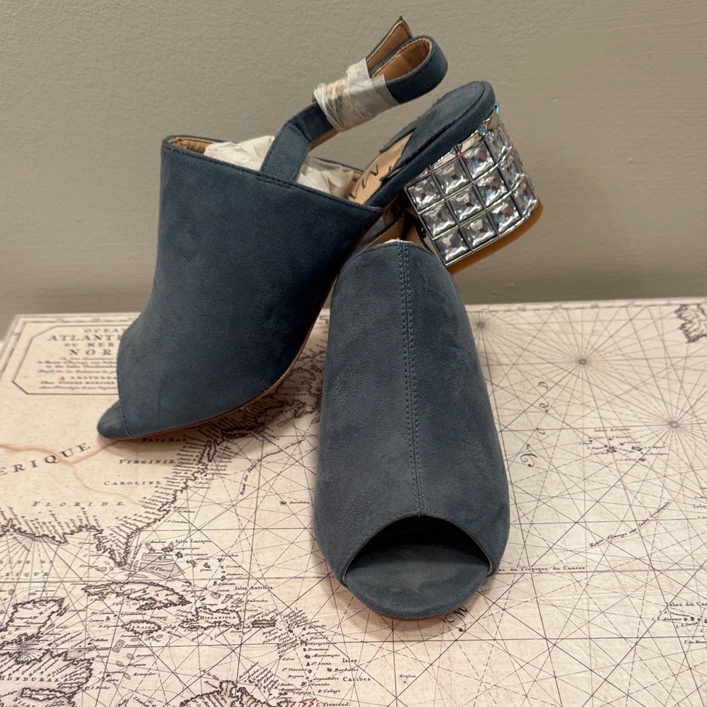New Women's Slate Suede Open-Toe Mules with Embellished Block Heel